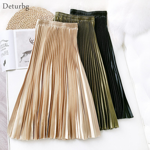 Women's Vintage Pleated Midi Long Satin Skirt Korean Female High Waist Metal Color Black A-line Skirts Faldas 2022 Autumn SK605 ► Photo 1/6