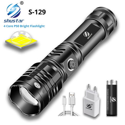Powerful LED Flashlight with 4 Core P50 Torch Anti-fall Aluminum Alloy Material 5 Lighting Modes Telescopic Zoom for Adventure ► Photo 1/6