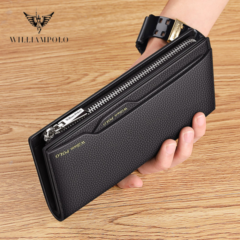 WILLIAMPOLO Long Wallet Men Clutch Bag With Strap Leather Men's Phone Credit Card Organzier Removable Card Holder Walet PL191469 ► Photo 1/6