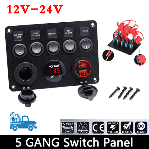 12V/24V 5 Gang Inline Fuse Box LED Switch Panel Dual USB Car Boat Truck Camper Digital Voltage Display Blue/Green LED Light New ► Photo 1/6