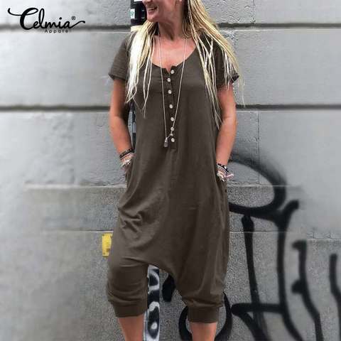 Vintage Jumpsuits Women Drop-Crotch Casual Rompers Celmia Summer Short Sleeve O-neck Buttons Female Playsuits Solid Overalls 7 ► Photo 1/6