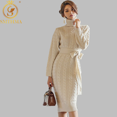 SMTHMA Women Winter Knit Dresses 2022 Europe Long Sleeve Turtleneck Casual Slim Warm Sweater Dress Women's Clothing ► Photo 1/6