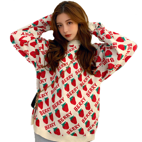 2022 Autumn Winter Sweet Women Sweaters Strawberries Print Long Pullovers Tops Loose Sueter Mujer Kawaii School Girls Knitwear ► Photo 1/6