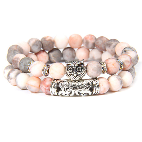 2pcs/set Natural Pink Zebra Stone Beads Bracelet Women Fashion Owl Charm Lucky Energy Bracelet for Women Girls Jewelry Gifts ► Photo 1/6