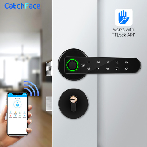 TTlock APP Biometric fingerprint lock Bluetooth Digital Smart door lock Keyless Electronic Handle Lock Wifi Alexa Iron/Wooden ► Photo 1/6