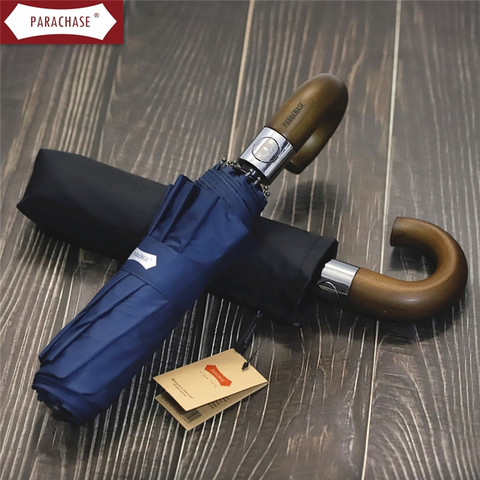 PARACHASE Business man fully automatic Wood curved handle outdoors 3 folding Travel  Anti wind Impact cloth Black ► Photo 1/5