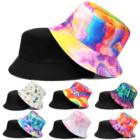 2022 New Hot Tie Dye Bucket Hats Reversible Double-Side-Wear Hat Avocado Zebra Cow Print Packable Outdoor Sun Hat Fisherman Caps ► Photo 1/6