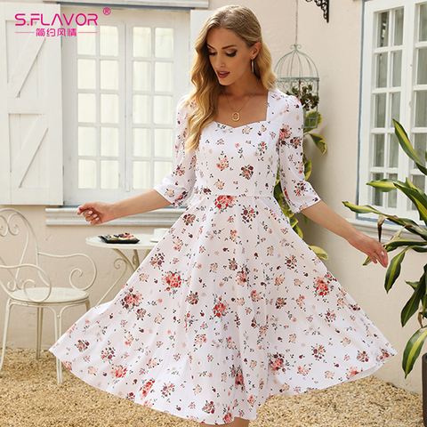 S.FLAVOR Women Whitr Floral Printed Vintage Dress Elegant Square Collar 3/4 Sleeve A-line Dress 2022 Autumn Winter Party Vestido ► Photo 1/6