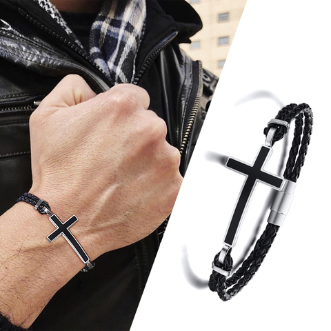 MEN BLACK CROSS DOUBLE BRAIDED LEATHER BRACELET MAGENTIC CLASP  MEN'S JEWELRY GIFT FOR HER ► Photo 1/6