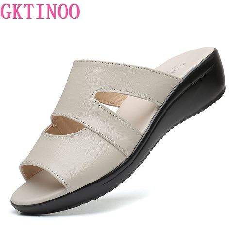 GKTINOO Women Slippers Shoes Genuine Leather Casual Slides Women Summer Shoes Retro Solid Mother Shoes Wedges Flip Flops Size 43 ► Photo 1/6