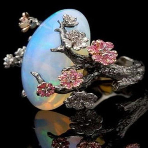 Milangirl Vintage Plum Tree Flower Ring Female New White Fire Opal Plum Moon Jewelry Accessories Ring Fashion Party ► Photo 1/6