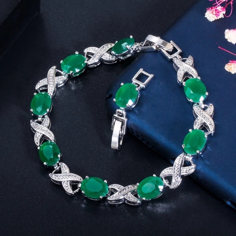 CWWZircons 2022 New Trendy Jewelry Elegant X Cross Oval Green CZ Crystal Ladies Party Tennis Bracelet with Extender CB210 ► Photo 1/6