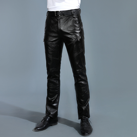 Genuine Leather Pants Men Real Sheepskin Classic Motorcycle Biker Male Trousers Autumn Winter Fleece Lined Thick Pants Plus Size ► Photo 1/5