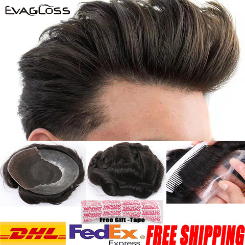 EVAGLOSS Mens Toupee 100% Real Natural Remy Human Hair Men's Wig French Lace Thin PU Toupee Hair Replacement System ► Photo 1/6