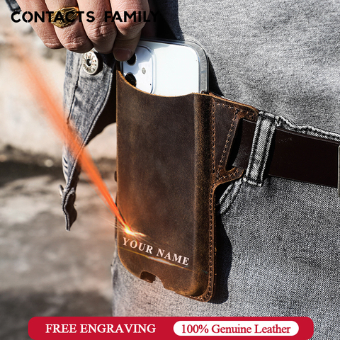 CONTACT'S FAMILY Men's Portable Sports Running Mobile Phone Storage Belt Bag Crazy Horse Genuine Leather Pockets ► Photo 1/6