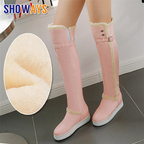 2022 Shoes Women Warm Fur Plush Thigh-high Snow Boots White Pink Lady Buckle Height Increased Platform Long Over Knee Flat Boots ► Photo 1/6