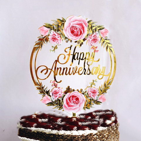 New Happy Anniversary Cake Topper Color Flowers Acrylic Birthday Cake Toppers Wedding Valentine's Party Cake Dessert Decorations ► Photo 1/6