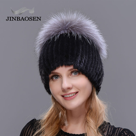 JINBAOSEN  Hot Sale Fashion Winter warm Women Knit Caps Mink hats with FOX Fur Vertical woven Top ► Photo 1/6