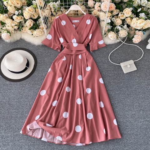 FMFSSOM Summer Spring V-Neck Big Polka Dot Belt Sahes Multi Color Women Female A-line High Waist A-line Midi Dress ► Photo 1/6