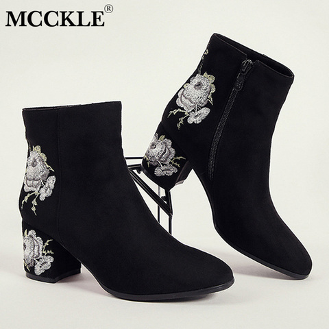 MCCKLE Ankle Boots For Women Winter Warm Plush Fashion Embroider Short Boots Ladies High Heels Round Toe Casual Shoes Zip Mujer ► Photo 1/6