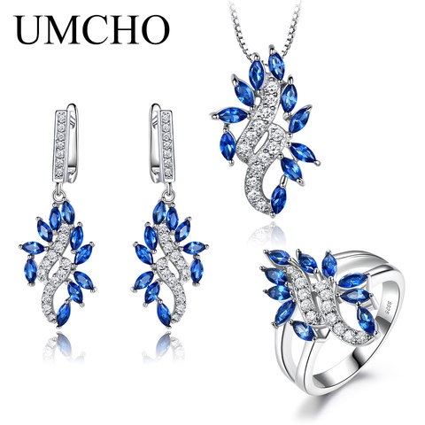 UMCHO 925 Sterling Silver Jewelry Set for Women Blue Sapphire Gemstone Ring Pendant Drop Earring Engagement Jewelry ► Photo 1/6