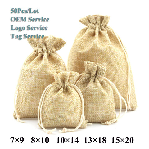 Gift Bags&Pouches 50Pcs/Lot Multi Color Natural Burlap Wedding Candy Cookies Pouch Jute Drawstring Bags Various Size ► Photo 1/6