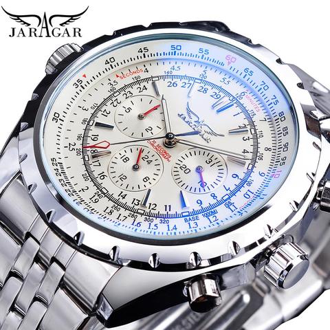Jaragar White Dial Automatic Watch Complete Calendar Silver Stainless Steel Luminous Business Sport Mechanical Date Wristwatch ► Photo 1/6