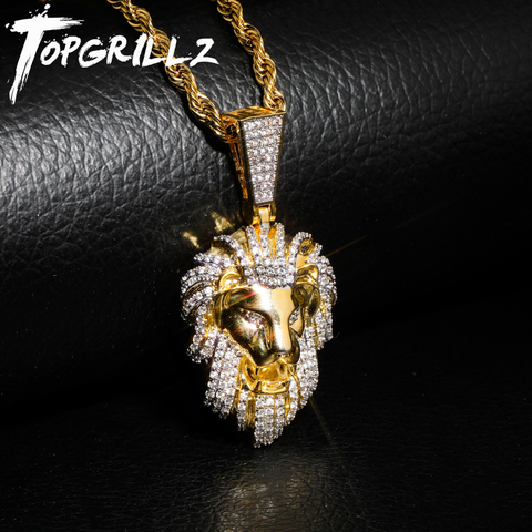 TOPGRILLZ Hip Hop  Gold Color Plated Iced Out Micro Pave Cubic Zircon Lion Head Pendant Necklace Charm For Men Jewelry Gifts ► Photo 1/6
