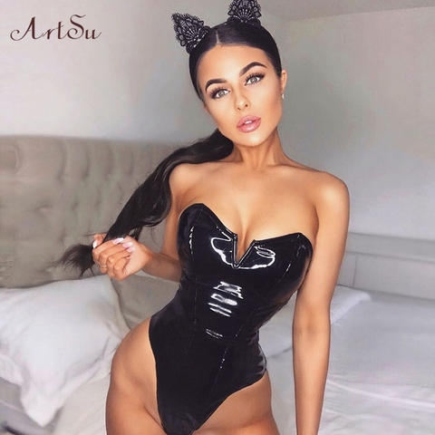 ArtSu Strapless PU Leather Bodysuit Women Sexy Sleeveless Rompers Catsuit Skinny Christmas Party Club Body Mujer New ASJU60562 ► Photo 1/6