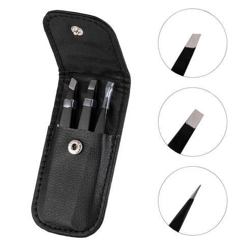 3 PCS/Set Eyebrow Tweezers Stainless Steel Point Tip/Slant Tip/Flat Tip Hair Removal Makeup Tools Accessory with Black Bag Case ► Photo 1/6