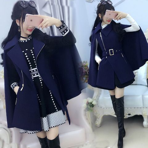 2022 Autumn Winter Women Coats Dark Blue British Zip Cloak Woolen Coat Women Winter Thick New Slim Handsome Cloak ► Photo 1/6