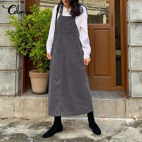 Celmia Winter Women Corduroy Dress 2022 Autumn Loose Sleeveless Apron Dress Fashion Sexy Spaghetti Strap Pockets Party Midi Robe ► Photo 1/6