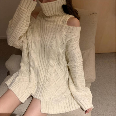 2022 New Winter Korean Style Sweaters Knitted Solid Color Pullovers Turtleneck Sweater Women Warm Off Shoulders Womens Clothes ► Photo 1/6