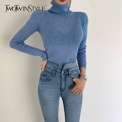 TWOTWINSTYLE White Korean Knitted Sweater For Women Turtleneck Long Sleeve Autumn Slim Pullover Female Clothing Fashion New 2022 ► Photo 1/6