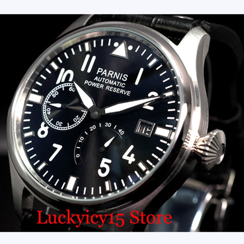 PARNIS Power Reserve Auto Date 47mm Mechanical Men's Watch ST2530 Auto Movement Black Leather Strap ► Photo 1/4