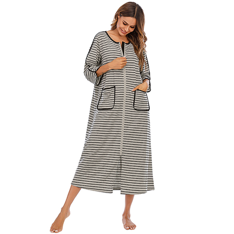 Aamikast Zipper Front Robes Women House Coat Half Sleeve Loungewear Long Nightgown with Pockets S-XXL ► Photo 1/6
