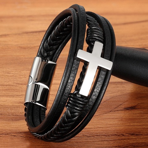 Cross Style Multi Layer Design Stainless Steel Fashion Men's Leather Bracelet Classic Gift For Men 5 Different Styles Choose ► Photo 1/6