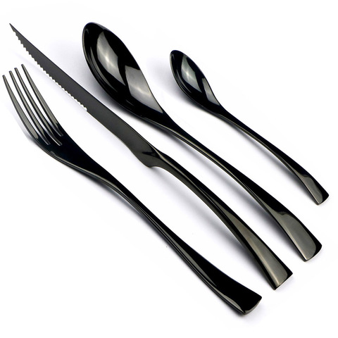 24 Pieces Shiny Rainbow Black Dinnerware Cutlery Set 18/10 Stainless Steel Sharp Steak Dinner Knives Forks Scoops Tableware Set ► Photo 1/6