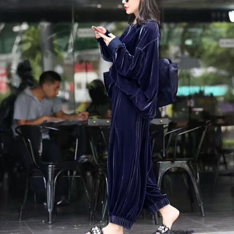 Two Piece Set Female 2022 Spring Autumn Plus Size Gold Velvet Suit Women Fashion Loose Casual Sports Wide Leg Pants Ropa Mujer ► Photo 1/6