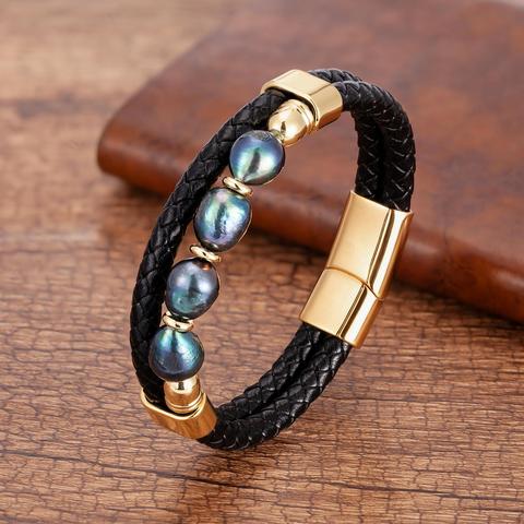 Charm Stainless Steel Bracelet For Women 2022 Natural Freshwater Pearl Bead Men Bracelets Genuine Leather Bangles Jewelry Gifts ► Photo 1/6