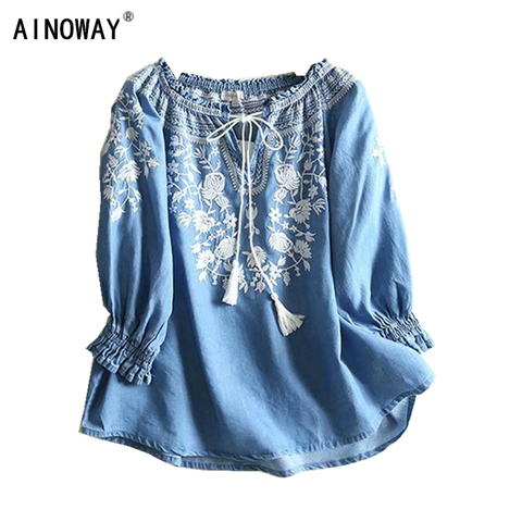 Vintage chic women  Floral embroidery  beach bohemian  denim blouse shirt long sleeve v-neck tassel   loose Boho jeans shirts ► Photo 1/6