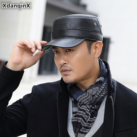 XdanqinX 2022 Autumn Winter Men's Flat Cap Genuine Leather Hats Warm Army Military Hat Snapback Cap Adjustable Size Leather Caps ► Photo 1/6