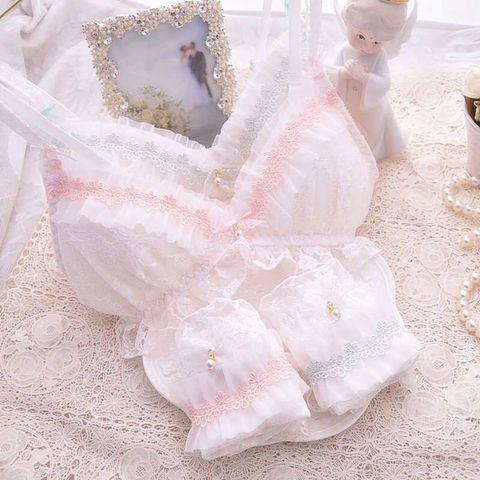 Cute White Print Japanese Bra & Panties Set Underwire Soft Underwear Sleep  Intimates Set Kawaii Lolita Bra and Panty