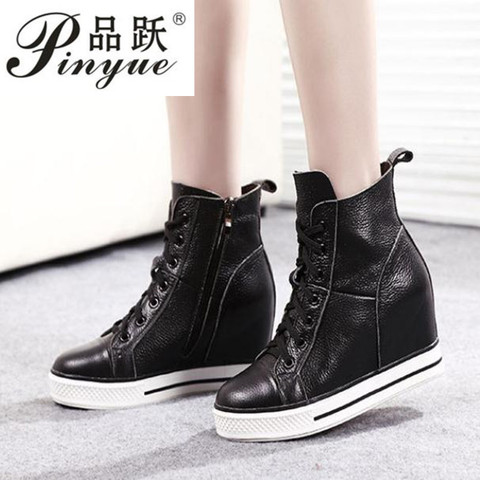 Autumn Winter Lace-up  zipper High-top Genuine Leather Shoes Women Sneakers Shoes High Heels Increase Within Wedges Casual Shoes ► Photo 1/6