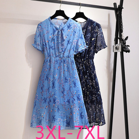 New summer plus size long dress for women large short sleeve casual elastic waist floral pleated dresses blue 4XL 5XL 6XL 7XL ► Photo 1/6