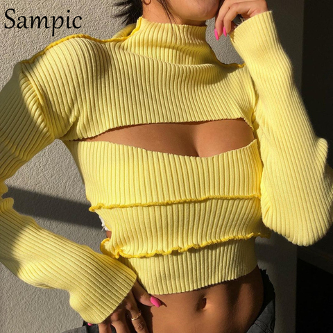 Sampic Turtleneck Hollow Out Sexy Women Yellow Skinny Mini Long Sleeve T Shirt 2022 Autumn Winter Basic Cropped Tees Tops ► Photo 1/6