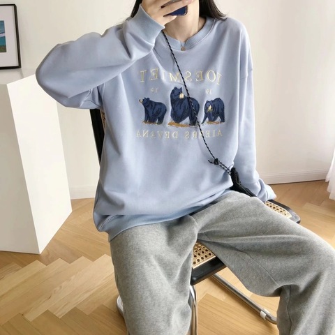 Bear Embroidery Vintage Sweatshirt Women 2022 Harajuku Streetwear Casual Long Sleeve Crewneck Oversized Hoodie Japanese Fashion ► Photo 1/6