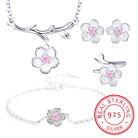 925 Sterling Silver Jewelry Sets Romantic Cherry Blossoms Flower Necklace+Earrings+Ring+Bracelet For Women Gift ► Photo 1/6