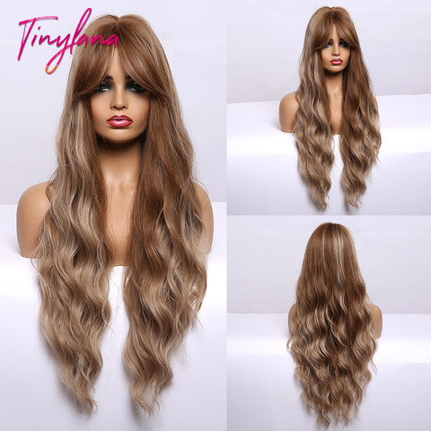 Long Water Wavy Golden Brown Wigs Brown Blonde highlight Synthetic Wigs with Bangs Wigs For Women Cosplay Heat Resistant Fiber ► Photo 1/6