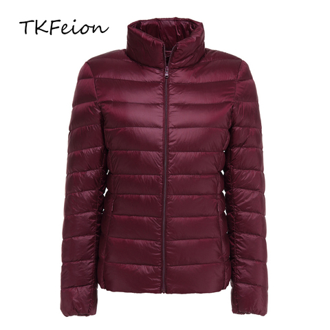 Womens Spring Autumn Jackets Down Ultra-thin Light Ladies Bomber Coats Stand Collar Fashion Female Slim Short Jacket Burgundy ► Photo 1/6